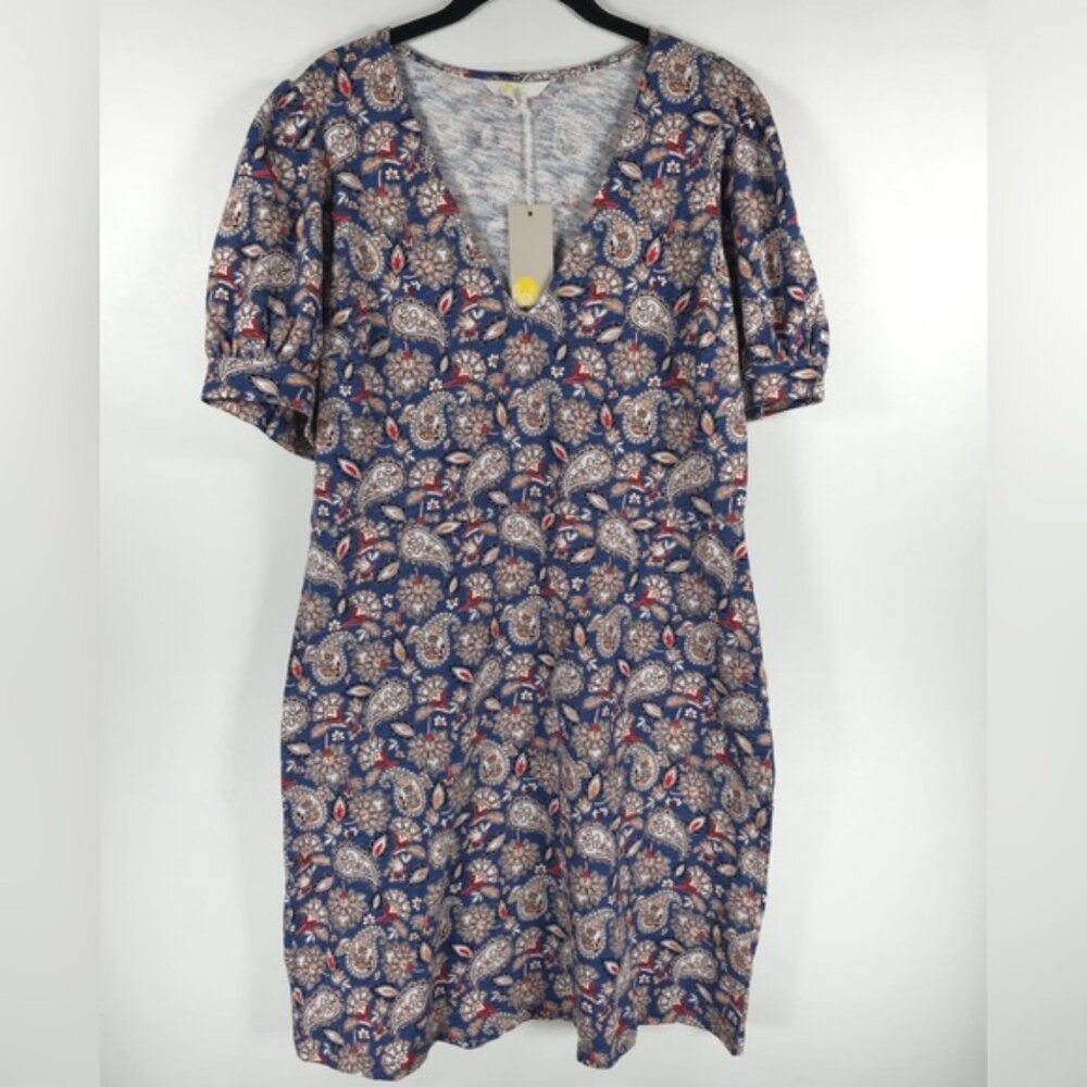 NWT BODEN V Neck Puff Sleeve Paisley Jersey Mini Dress Cotton D0555 Size 12L - Picture 1 of 16
